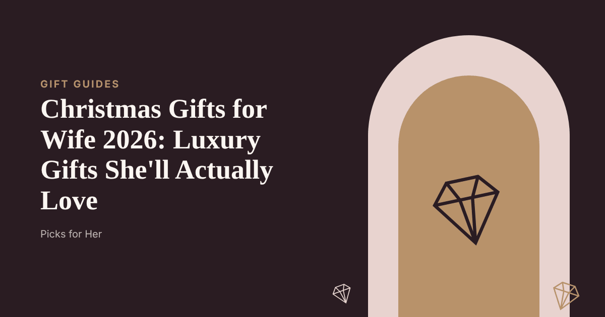 An elegant Christmas gift box with a satin ribbon beside perfume and a crystal necklace under soft tree lights